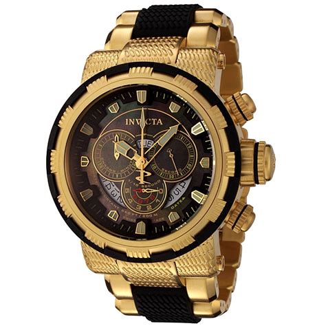 gold watch with black band.